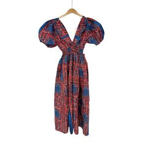 Elisamama Ayo Handmade Paisley Red Blue Ruffle Floral Midi Maxi Dress M New